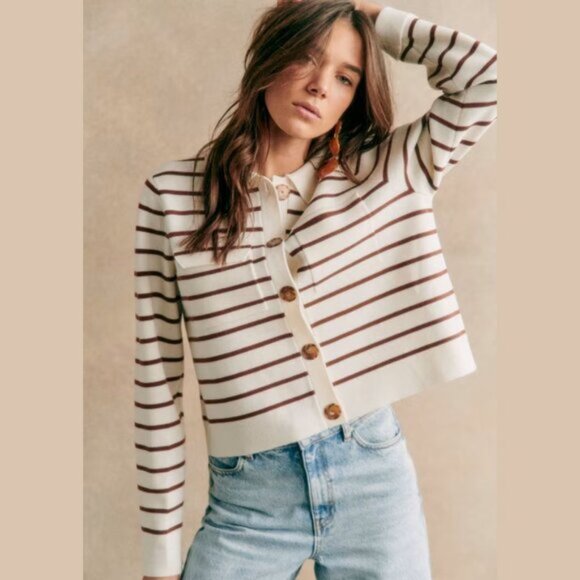 Sezane Sweaters - Sezane Betty Cardigan Ecru Camel Striped XS